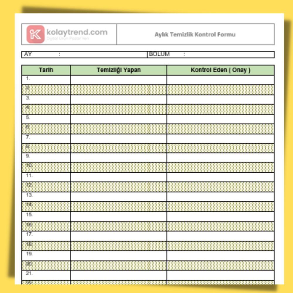 ISO 22000 - Aylık Temizlik Kontrol Formu - kolaytrend.com